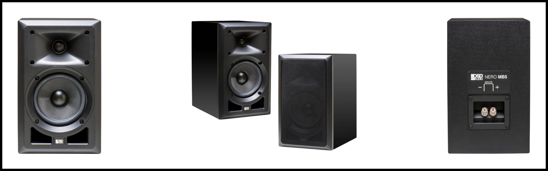 A collage of 3 images showcasing the Nero MB5 Bookshelf Speakers