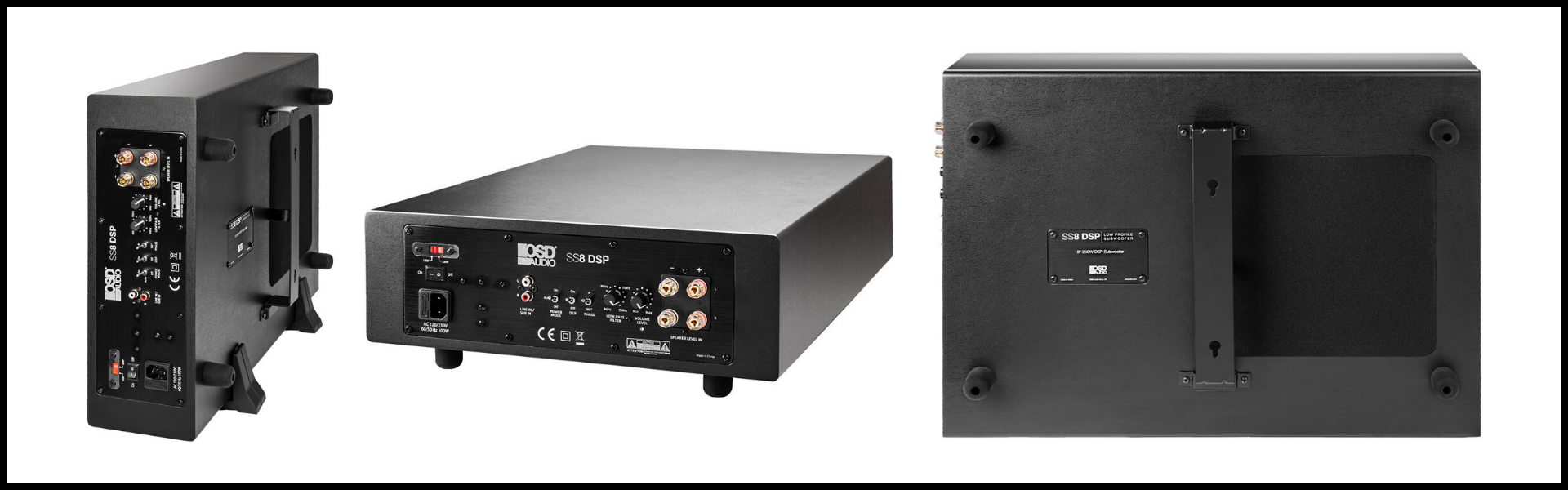 A collage of 3 images showcasing the SS-8DSP Slim Powered Subwoofer