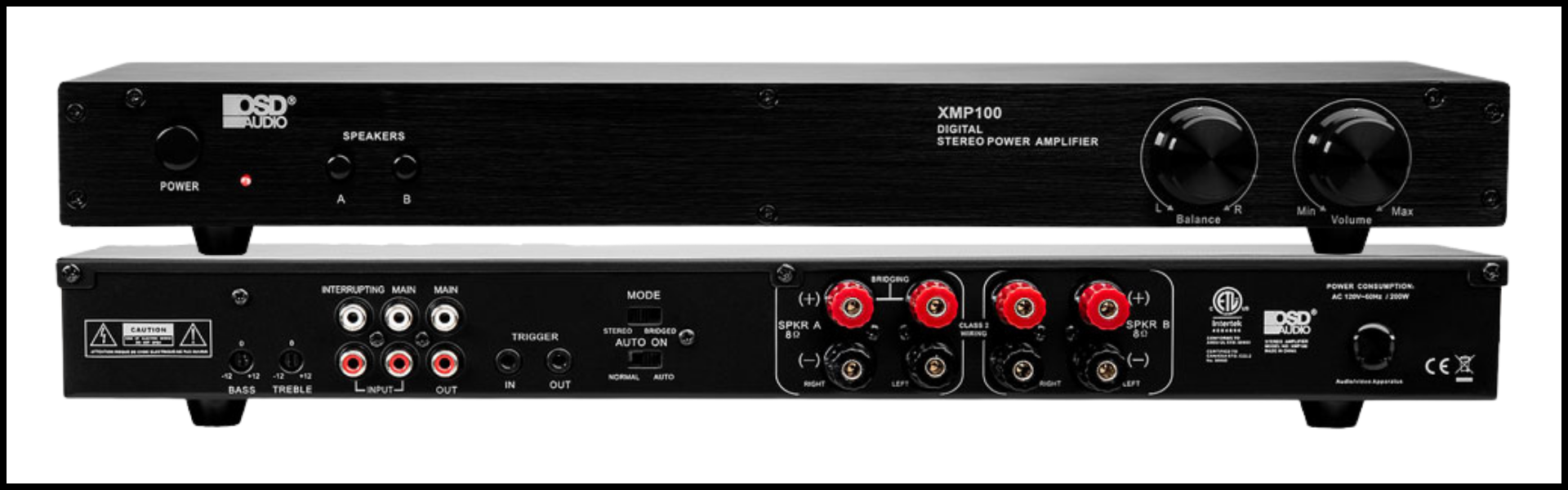 An image showcasing the front and back of the XMP100 Power Amplifier