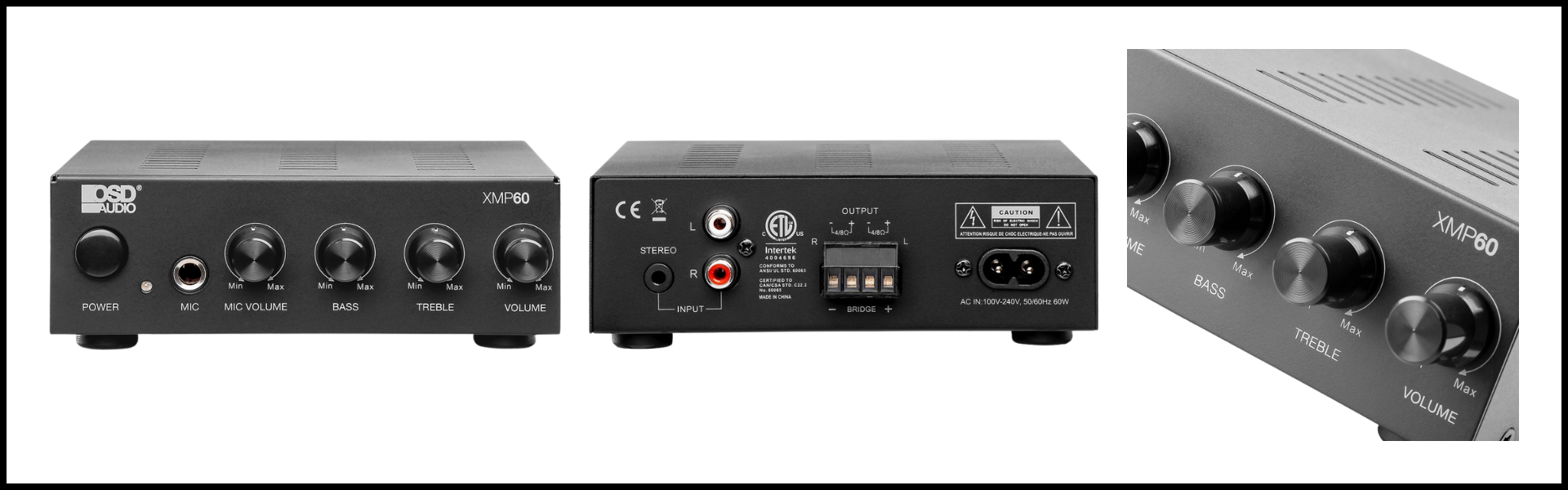 A collage of 3 images showcasing the OSD XMP60 Power Amplifier