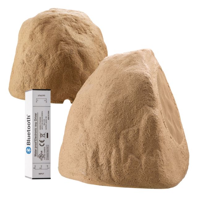 8" Bluetooth 5.0 Outdoor Rock Speaker Pair, Weather-Resistant Rigid Exterior, Brown/Grey BTR805