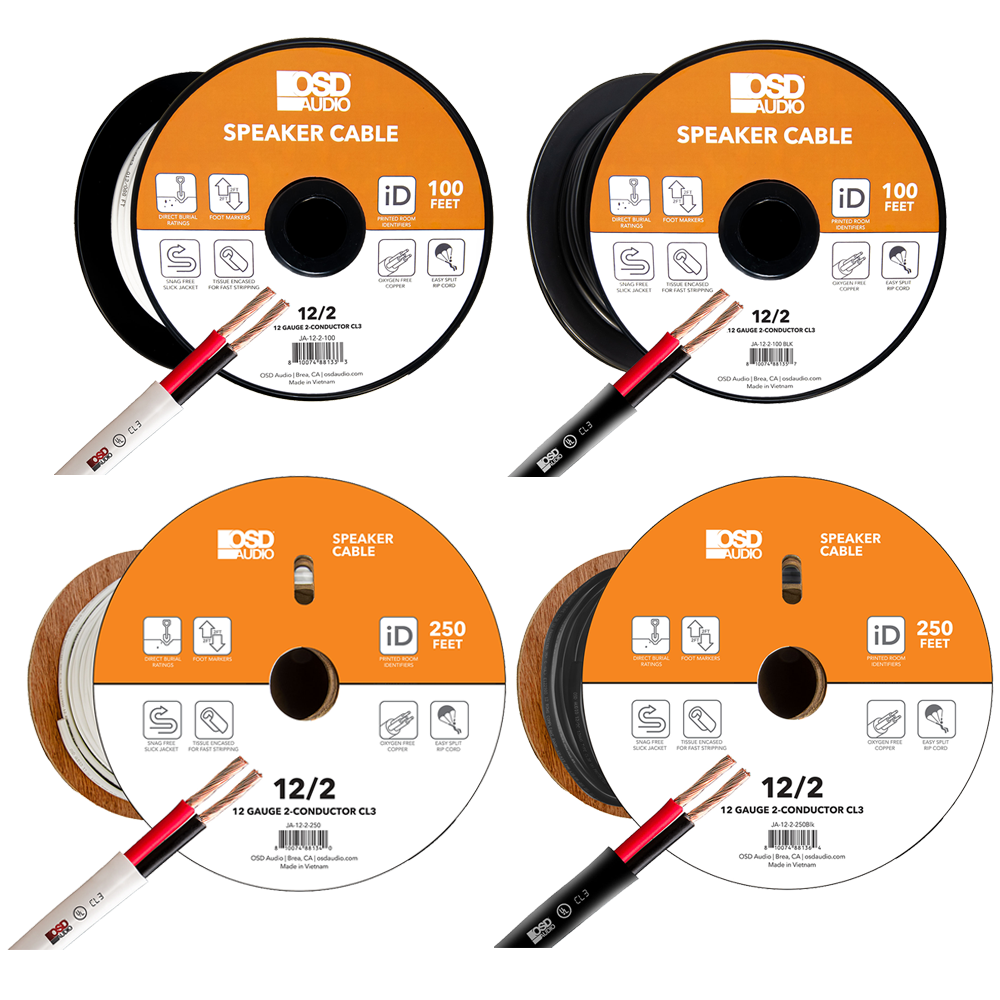100Ft and 250Ft 12 Gauge 2-Conductor Speaker Cable Length - White or Black Spool