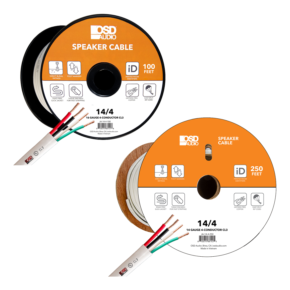 100Ft and 250Ft 14 Gauge 4-Conductor Speaker Cable Length - White Spools