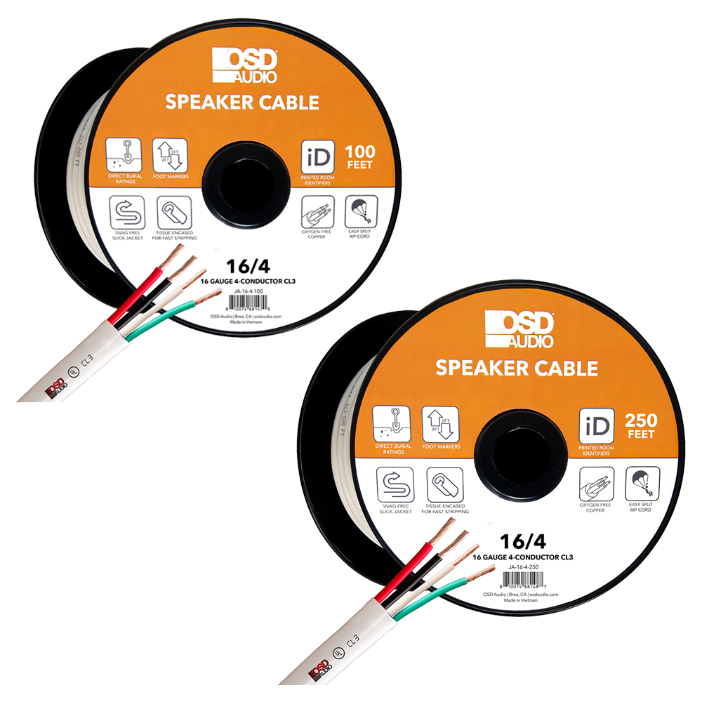 100Ft and 250Ft 16 Gauge 4-conductor Speaker Cable Length - White Spools
