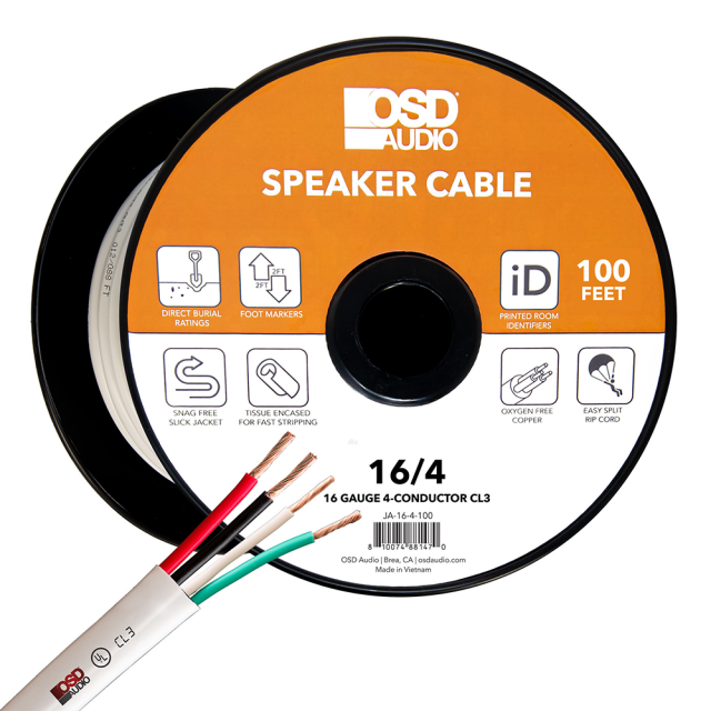 16/4 Speaker Wire Spools 100Ft and 250Ft, Outdoor Burial Rated, In-Wall UL Listed - White