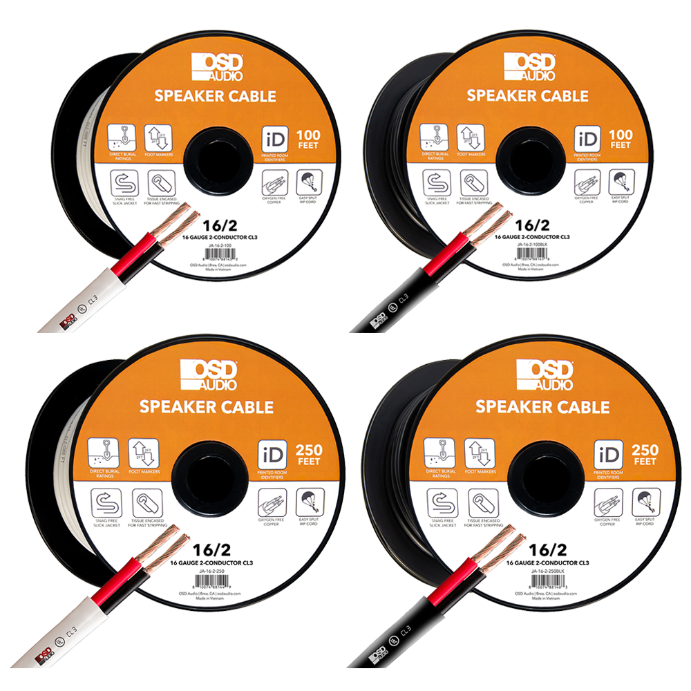 100Ft and 250Ft 16 Gauge 2-Conductor Speaker Cable Length - White or Black Spool