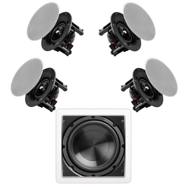 4" In-Ceiling Speaker Home Theater Package, 4x Trimless Speakers + 8" In-Wall Subwoofer