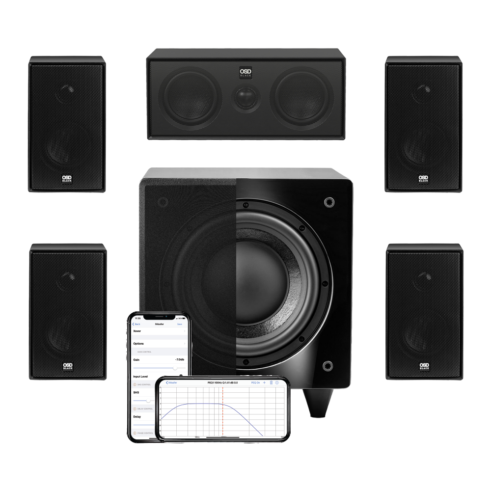 OSD Nero 5.1 Home Theater System, 4x MODQ2 Bookshelf Speakers, MODQ3 LCR Speaker, Dual X8 Subwoofer