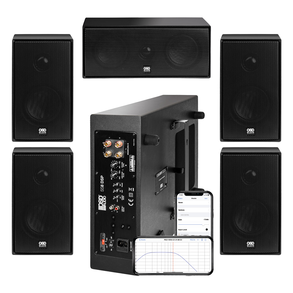 SS8-DSP Slim Powered Subwoofer + MODQ2 Bookshelf Speaker Pairs + MODQ3 LCR Bookshelf Speaker Bundle