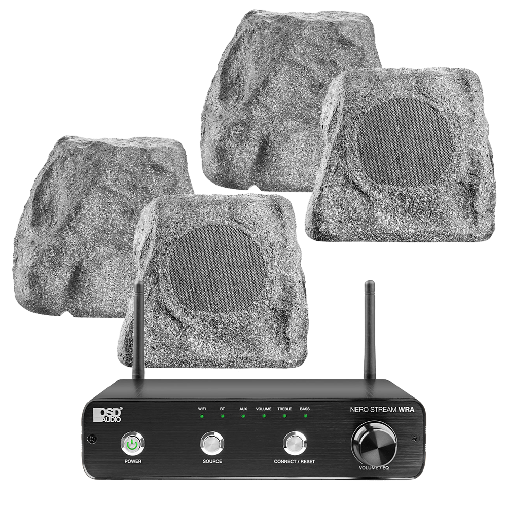 NERO Stream WRA Amplifier + x2 Pairs RX550, 5.25" 100W Outdoor Weather Resistant Rock Speaker Grey