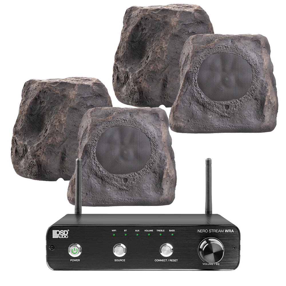 NERO Stream WRA Amplifier + x2 Pairs RX550, 5.25" 100W Outdoor Weather Resistant Rock Speaker Slate