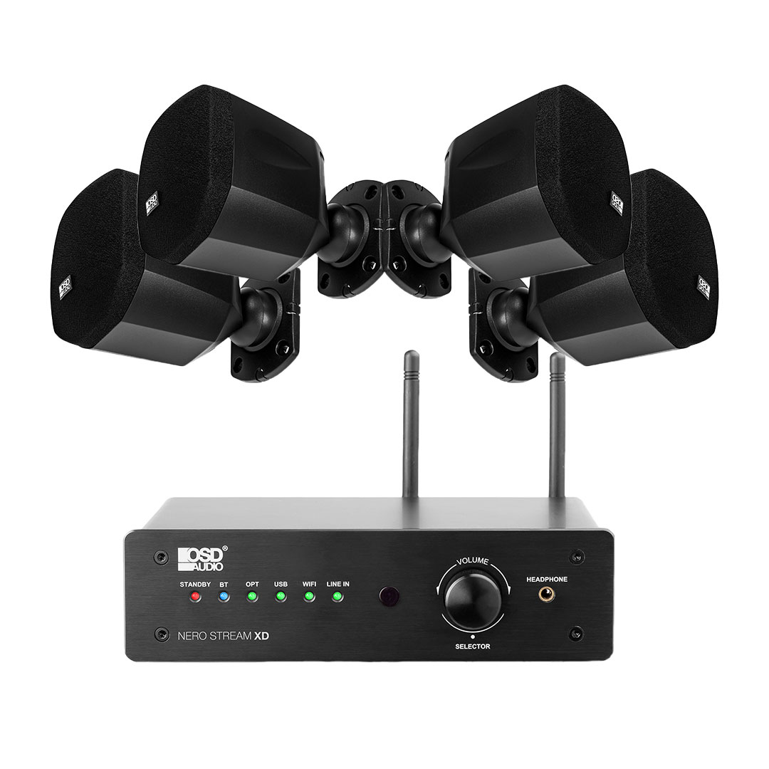 NERO Mini Home Theater Satellite Speakers BLK x4 + Nero Stream XD 200W Hi-Fi DAC Class D Amplifier