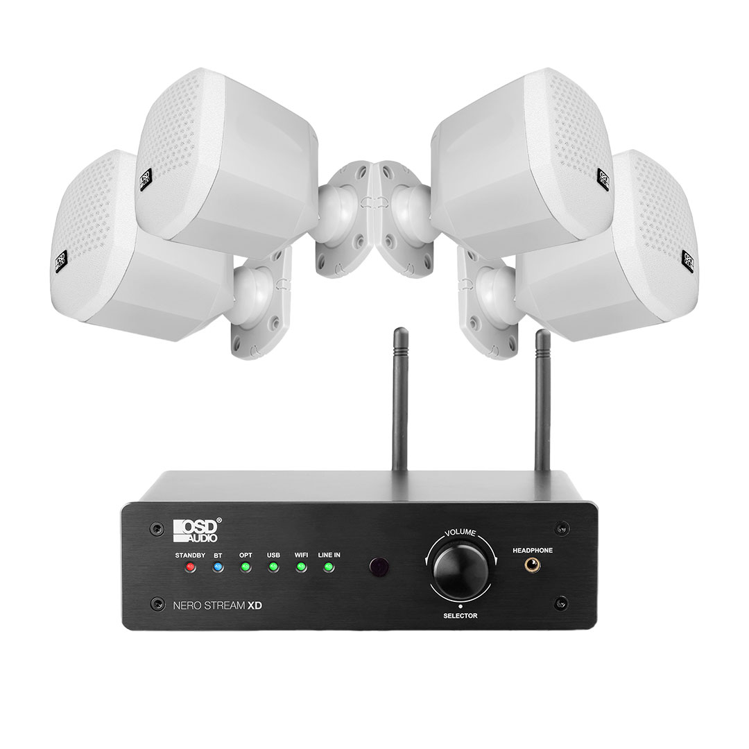 NERO Mini Home Theater Satellite Speakers WHT x4 + Nero Stream XD 200W Hi-Fi DAC Class D Amplifier