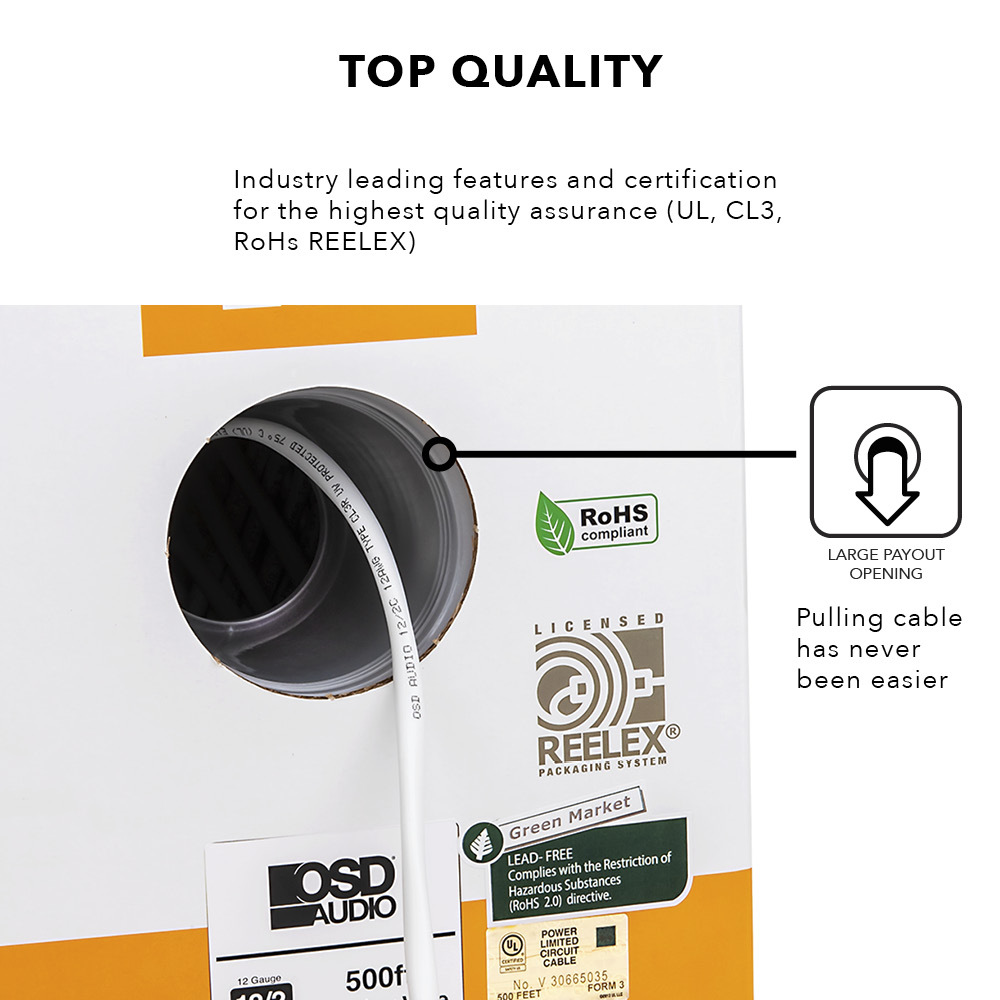 UL Listed In Wall OFC - 500 Foot Bulk Cable Pull Box White Rated Next 16/2 Speaker Wire Direct Burial Oxygen-Free Copper CL2/CL3 16 AWG/Gauge 2 Conductor and Outdoor/In Ground 